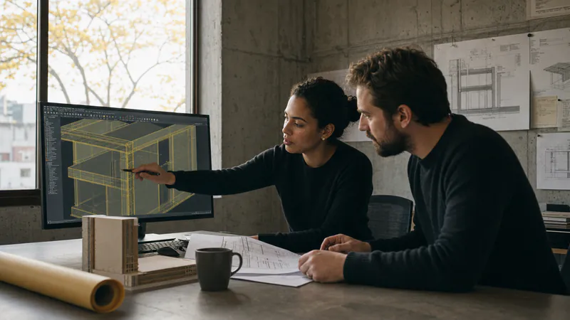Dois profissionais analisando um modelo BIM na tela, com pranchas impressas ao lado