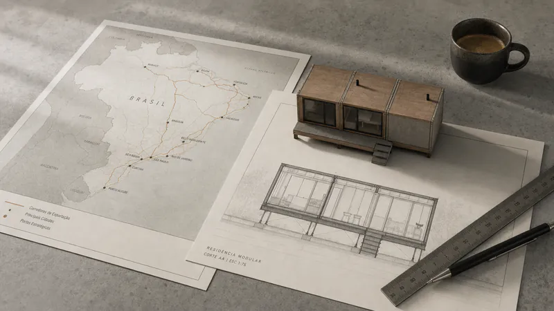 Mapa do Brasil sobre prancha de corte de residência modular, com maquete física ao lado