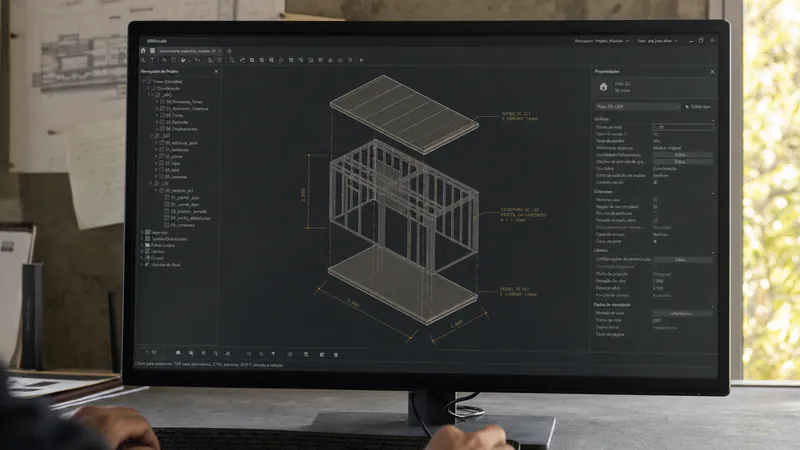 Modelo BIM aberto em vista explodida, com árvore de disciplinas e propriedades